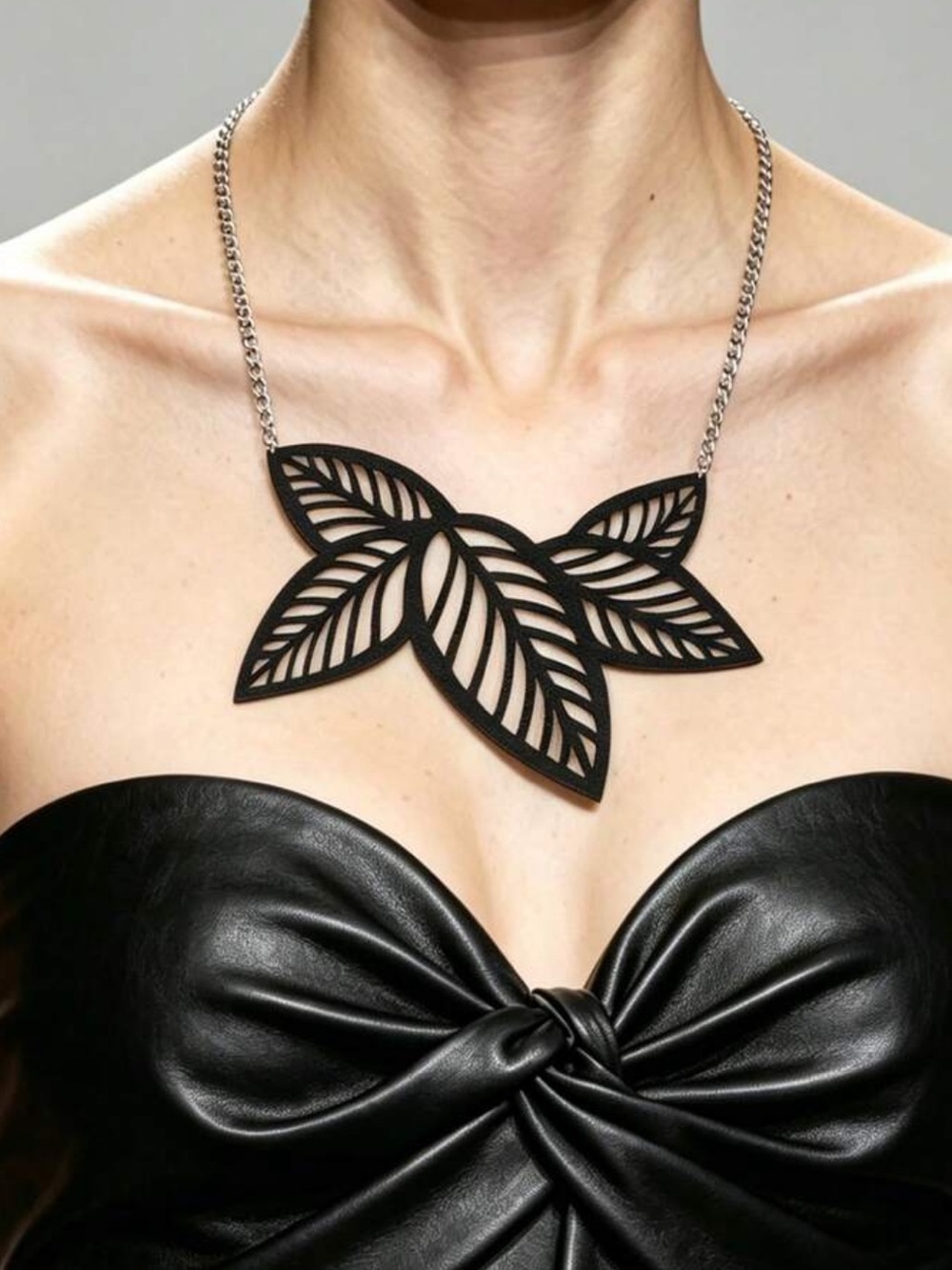 Black Double Layer PU Leather Hollow Leaf Pendant Necklace